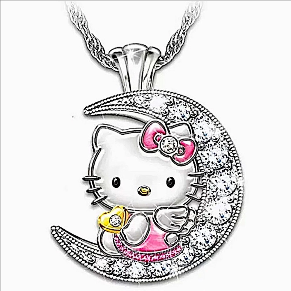 NEW STERLING SILVER HELLO KITTY ZIRCON MOON PENDANT NECKLACE